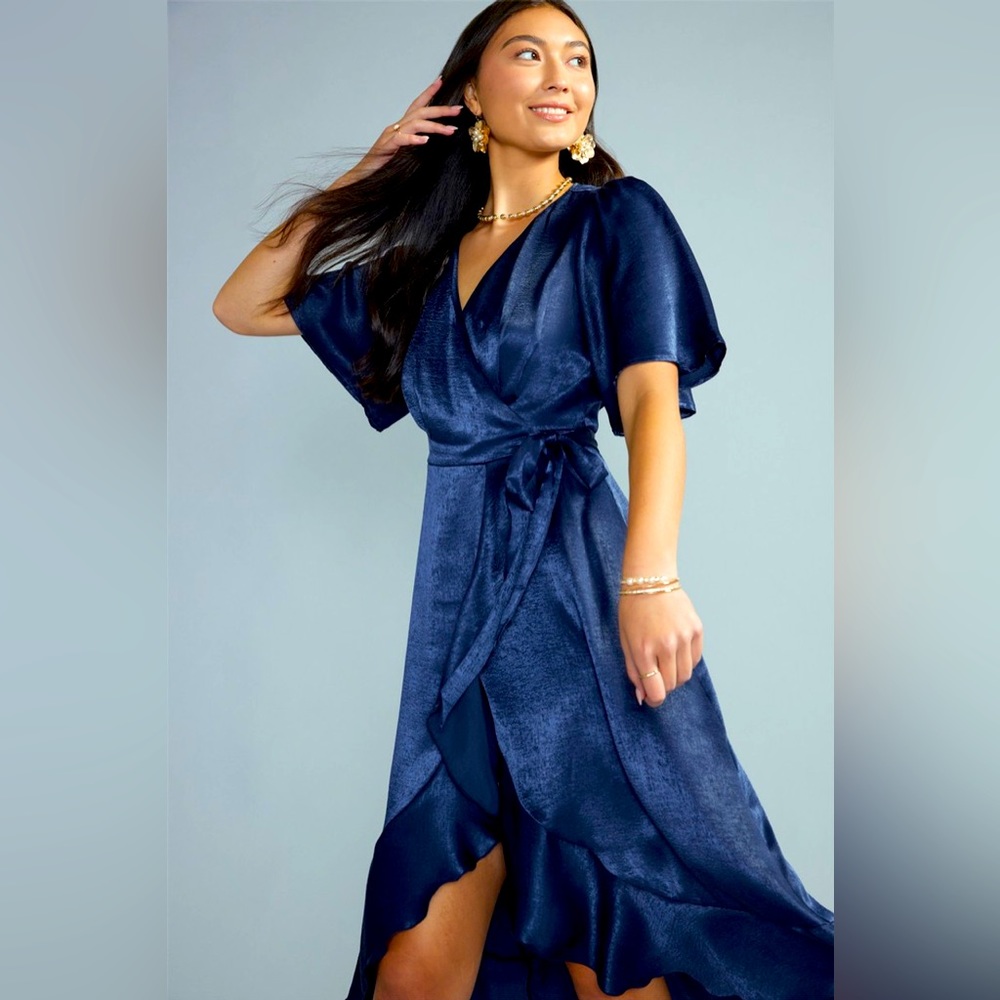 Blue Rain Midi Dark Blue Wrap Dress Size M